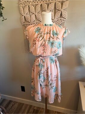 DR2 Peach Floral Midi Dress with Teal Blue Flowers